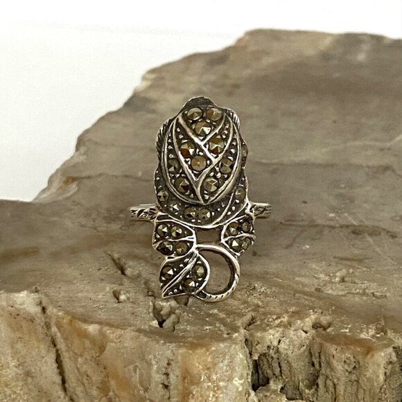 VTG Sterling Silver 925 Art Deco Style Marcasite Flower Rose Ring Sz 5.75 - Picture 11 of 16